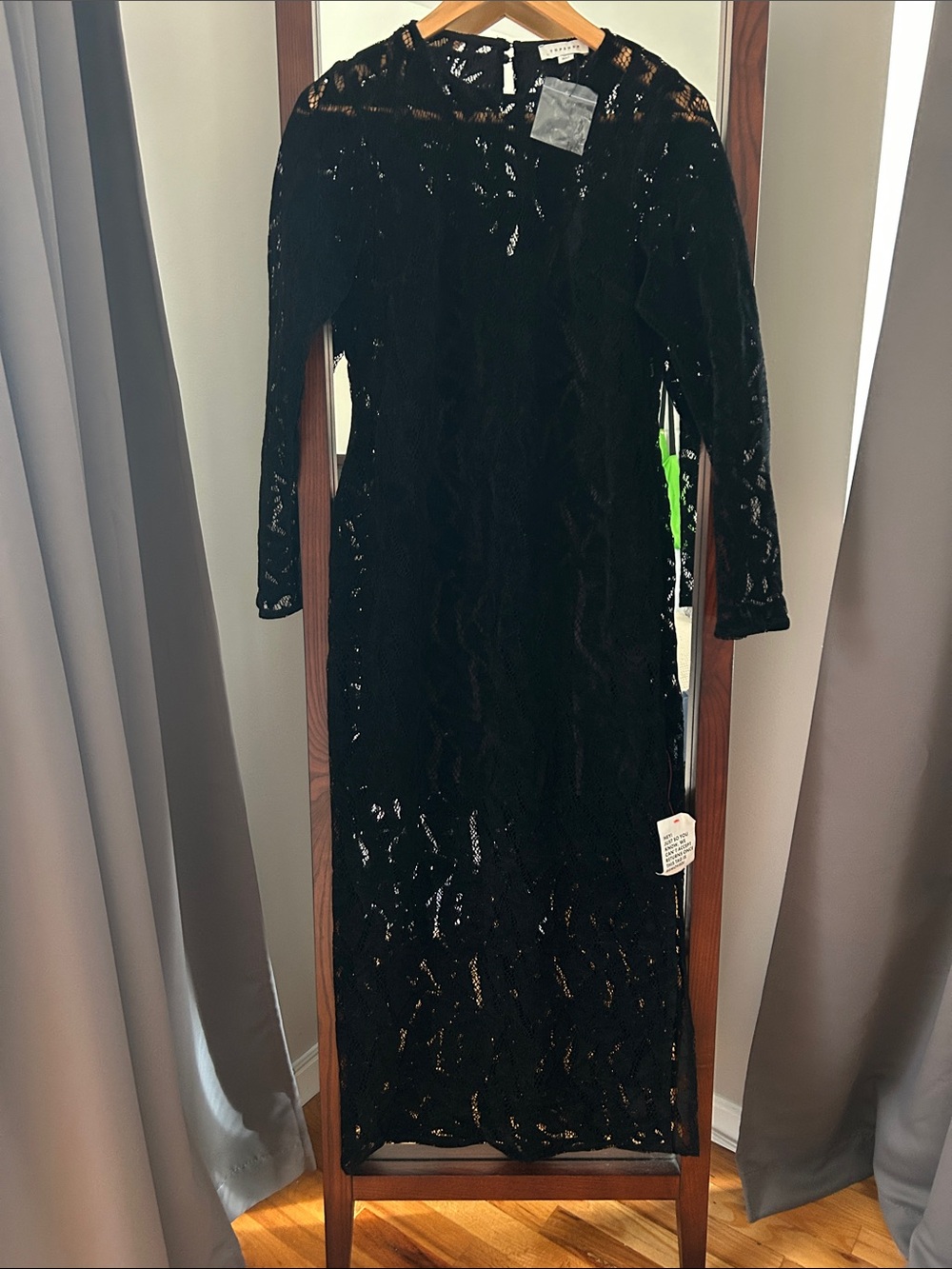Topshop Black Lace Long Sleeve Midi Dress with Sheer Yoke